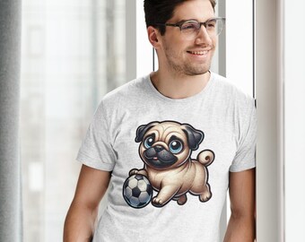 Maglietta in cotone pesante con carlino e calcio, regalo per amanti dei cani, maglietta per animali domestici, maglietta con animali divertenti, abbigliamento casual, regalo di compleanno, mamma di cani