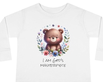 Maglietta a maniche lunghe per bambini piccoli cristiani, simpatico orsetto, io sono il capolavoro di Dio, Efesini 2:10, maglietta religiosa per bambini, abbigliamento per la fede dei bambini