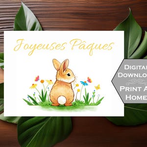 印刷可能なカード - Joyeuses Pâques - フランスのイースターバニーカード - デジタルダウンロード