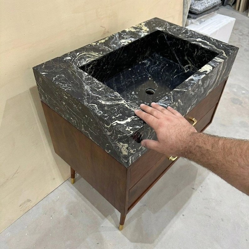 Picasso Marble Sink Vanity: Wooden Base, Custom Stone Bathroom Decor M4F008 image 2