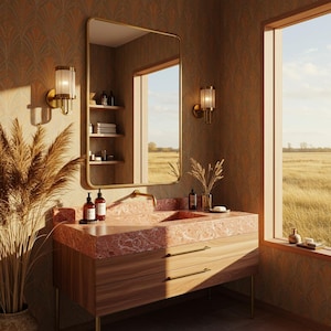 May include: A modern bathroom with a rectangular gold-framed mirror, a pink marble countertop, and a wooden vanity with two drawers. The room features gold sconces, a window overlooking a field, and decorative plants. The walls are covered in a patterned wallpaper.