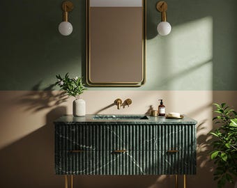 Lavabo de mármol verde estriado con patas de latón, lavabo de piedra natural para baño, ideal para diseño de interiores y decoración del hogar M4M71