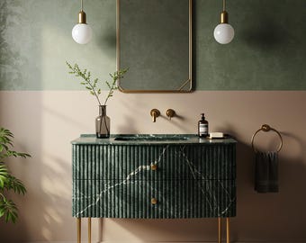 Lavabo de baño estriado de mármol verde con patas de metal, lavabo de piedra natural para diseño de baño moderno M4M67