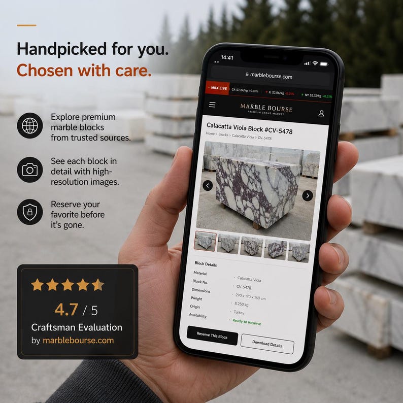 May include: A smartphone displaying the Marble Bourse website, featuring a Calacatta Viola marble block with purple and white veining. The screen shows block details including dimensions of 290 x 170 x 160 cm and a weight of 8,250 kg for item CV-5478.