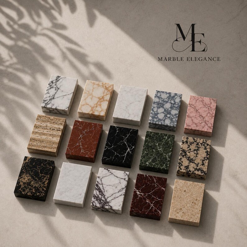 May include: A collection of fourteen rectangular stone samples arranged in a grid, featuring various colors and patterns including white, black, red, green, tan, and pink marble textures. The logo ME MARBLE ELEGANCE is printed in the top right corner.