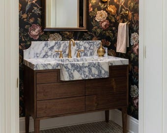 Calacatta Viola Honed Marble Vanity Sink with Backsplash and Solid Wood Vanity for Custom Bathroom Vanity