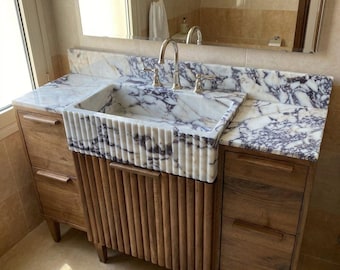 Calacatta Viola Fluted Hand Carved Marble Vanity Sink with Backsplash for Custom Bathroom M4N013