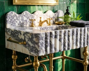 Calacatta Viola Fluted Marble Pedestal Washbasin with Unique Natural Veining for Custom Bathroom, Honed Finish