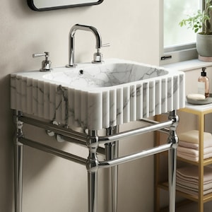 Lavabo in marmo Carrara di lusso - Design moderno scanalato per bagni | Mobile lavabo in pietra naturale elegante