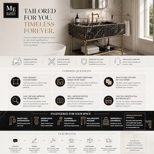 May include: A black marble bathroom vanity with gold metal legs and a fluted basin design. The image includes text detailing custom stone services, common questions, and the production process for Marble Elegance bathroom fixtures and furniture.