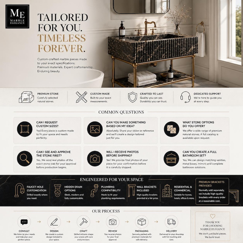 May include: A black marble bathroom vanity with gold metal legs and a fluted basin design. The image includes text detailing custom stone services, common questions, and the production process for Marble Elegance bathroom fixtures and furniture.