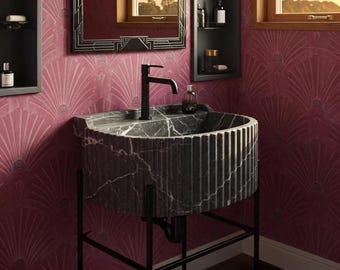 Black Pietre Notte Marble Sink: Fluted Vanity Top with Matte Black Legs M4M022