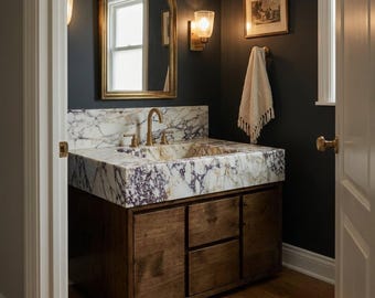 Viola Sink | Handmade Calacatta Viola Bathroom Washbasin with Wood Vanity, Artisan Hand Finished Stonework