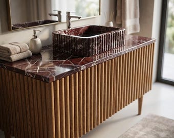 Rosso Levanto Fluted Marble Vanity Washbasin with Hand Carved Detail for Custom Bathroom