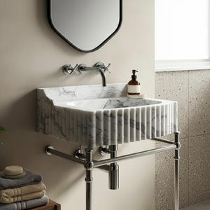 Hand-Carved Fluted Carrara Marble Console Sink with Polished Chrome Stand