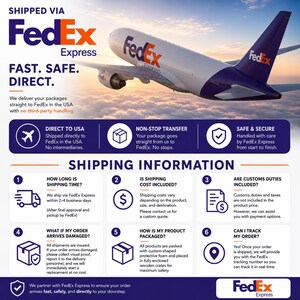 May include: An informational graphic featuring a FedEx Express cargo airplane flying above clouds. The text includes SHIPPED VIA FEDEX EXPRESS, FAST. SAFE. DIRECT., and a numbered list detailing shipping information, customs, and tracking.
