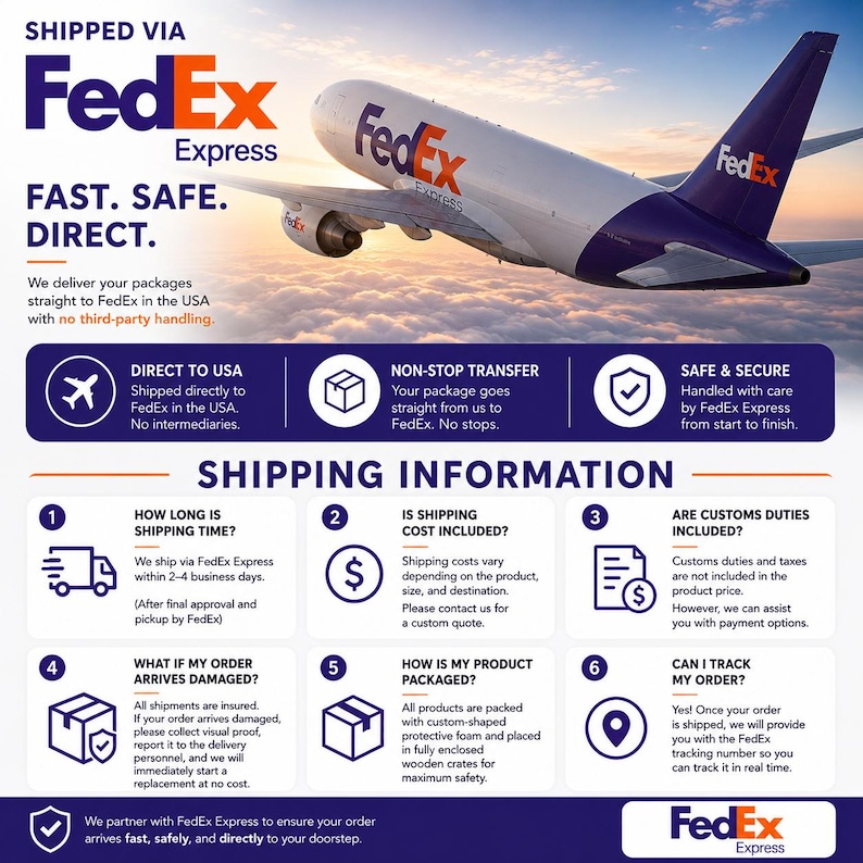 May include: An informational graphic featuring a FedEx Express cargo airplane flying above clouds. The text includes SHIPPED VIA FEDEX EXPRESS, FAST. SAFE. DIRECT., and a numbered list detailing shipping information, customs, and tracking.