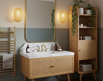 Carrara Marble Vanity Top Sink with Wooden Cabinet and Cane Doors, White Marble Sink Basin for Bathroom Vanity Decor M4F70