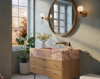 Pink Marble Vanity with Integrated Fluted Sink, Wooden Bathroom Console with Drawers, Custom Stone Top for Modern Interior Design M4F83