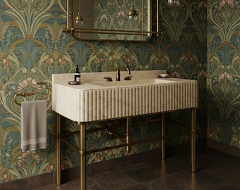 Fluted Travertine Marble Sink with Brass Legs - Custom Vanity