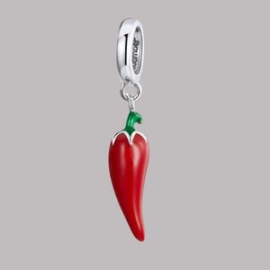 May include: A silver charm in the shape of a red chilli pepper with a green stem. The charm is attached to a silver ring.