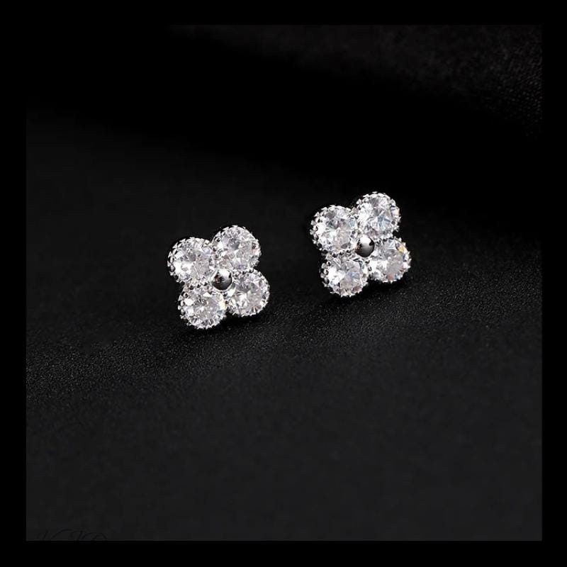 Clover Stud Earrings, Zircon Clover Stud Earrings, Sterling Silver 925, Minimalist Silver Earrings, Gift For Her, Birthday Gift Idea
