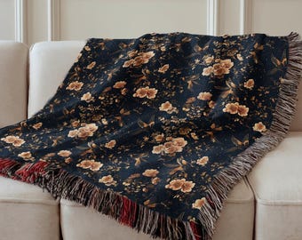 Cherry Blossom Woven Cotton Blanket: Elegant Chinoiserie Throw