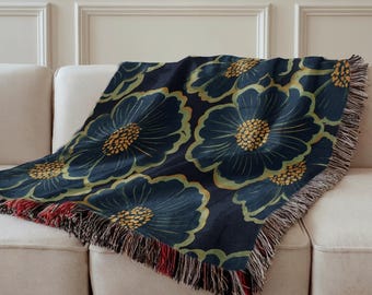 Navy Floral Woven Blanket: Abstract Print Throw