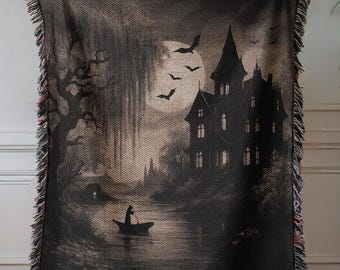 Gothic Woven Blanket, Haunted Mansion Halloween Throw Blanket, Creepy Tapestry