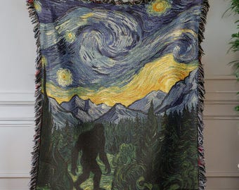 Yeti Starry Night Woven Blanket | Sasquatch Art Throw