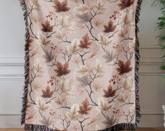 Autumn Leaves Woven Blanket - Rustic Farmhouse Blanket