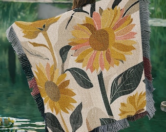 Sunflower Woven Cotton Blanket: Boho Floral Tapestry Throw
