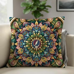 Rainbow Stealie Mandala Woven Pillow | Grateful Dead Inspired Throw Pillow
