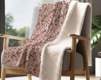 Cherry Blossom Sherpa Blanket, Chinoiserie Floral Cozy Throw
