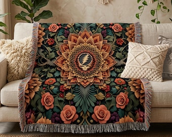 Grateful Dead Stealie and Roses Woven Blanket