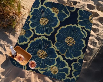 Navy Floral Picnic Blanket, Boho Outdoor Blanket, Camping Mat, Summer Party Accessory, Festival Essential