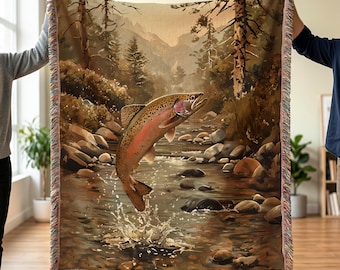 Lake House Blanket – Cabin Woven Throw with Jumping Trout Design