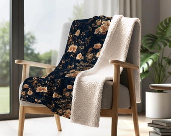 Cherry Blossom Sherpa Blanket: Navy Floral Fleece Throw