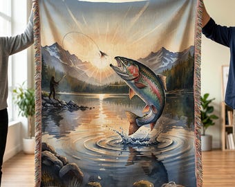 Rainbow Trout Jumping in Mountain Lake Tapestry Throw