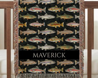Manta tejida personalizada con diseño de trucha / Decoración para cabaña