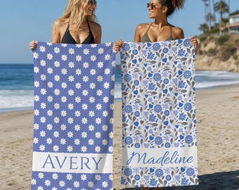Personalized Blue Floral Beach Towel