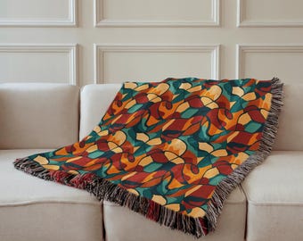 Woven Cotton Blanket: Abstract Pattern Throw with Colorful Fringe