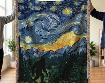 Yeti Starry Night Woven Blanket | Sasquatch Art Throw