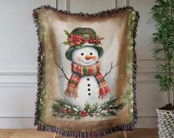 Cozy Woven Cotton Winter Blanket: Snowman Design, Colorful Fringe