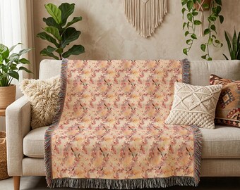 Elegante manta tejida con estampado de acuarela de flores de cerezo / Personalización opcional