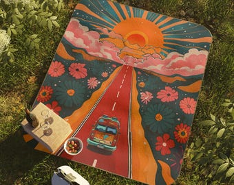 Vibrant Road Trip Picnic Blanket: Water-Resistant Boho Camping Mat