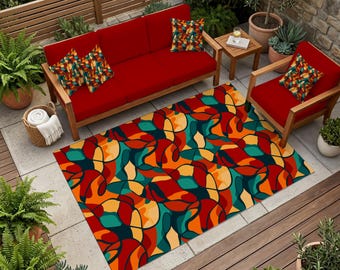 Vibrant Outdoor Rug: Colorful Boho Patio Mat, Non-Slip Chenille