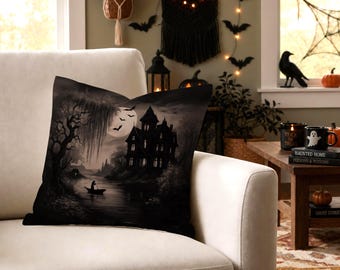 Halloween Throw Pillow - Gothic Moonlit Haunted House