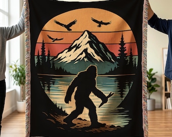Bigfoot Silhouette Mountain Scene Woven Blanket | Retro Sunset, Forest