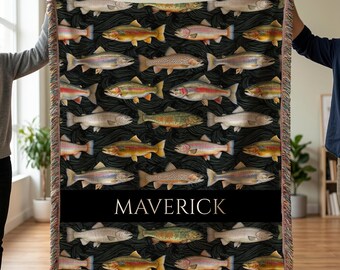 Personalized Trout Fish Woven Blanket | Cabin Decor